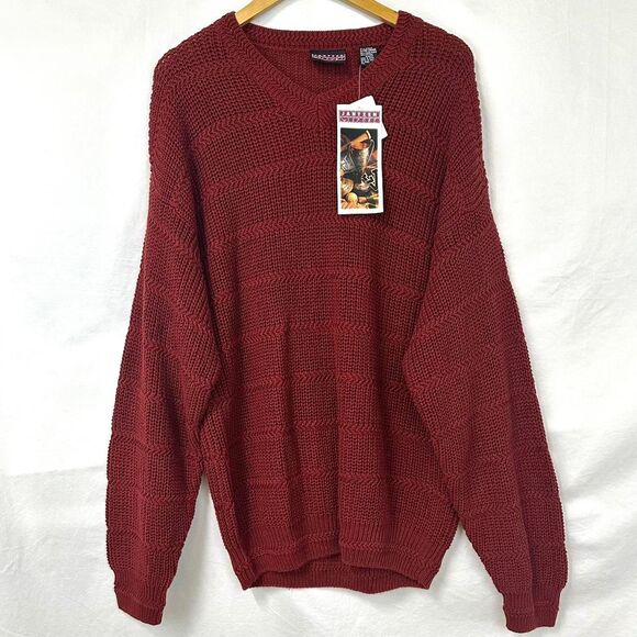 JANTZEN NWT Vintage 90s Dark Red Chunky Knit Crew Neck Sweater Men's XL Grunge - Picture 1 of 5